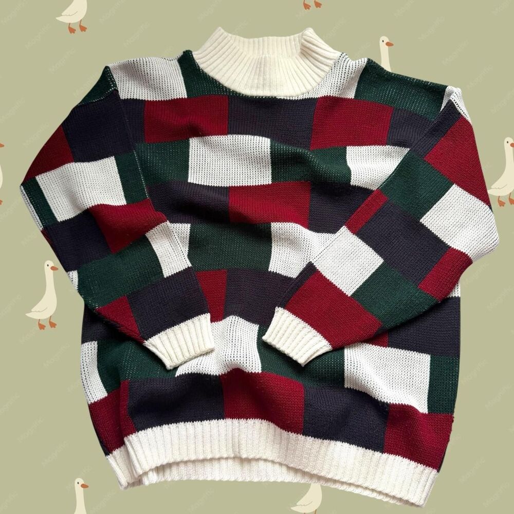 Vintage Clifton Place 90s Colorblock Checkerboard Knit Sweater Made in USA XL